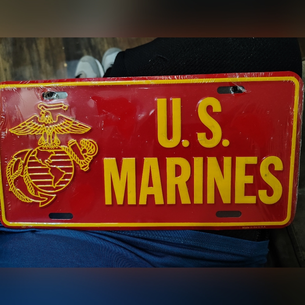 Vintage U.S. Marines USMC Red Licensed Aluminum Metal License Plate